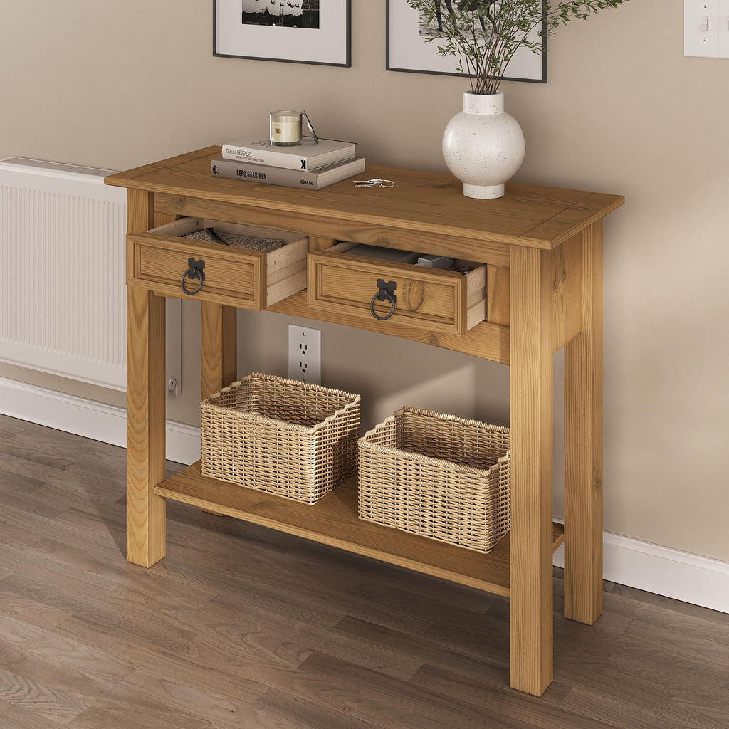 Furniture Dash Solid Wood Hall Table Console 34.49" W, 12.64" D, 28.82" H - Farmhouse Entryway Table with 2 Drawers, Office Hallway Foyer, Wooden Storage, Cupboard Console Table
