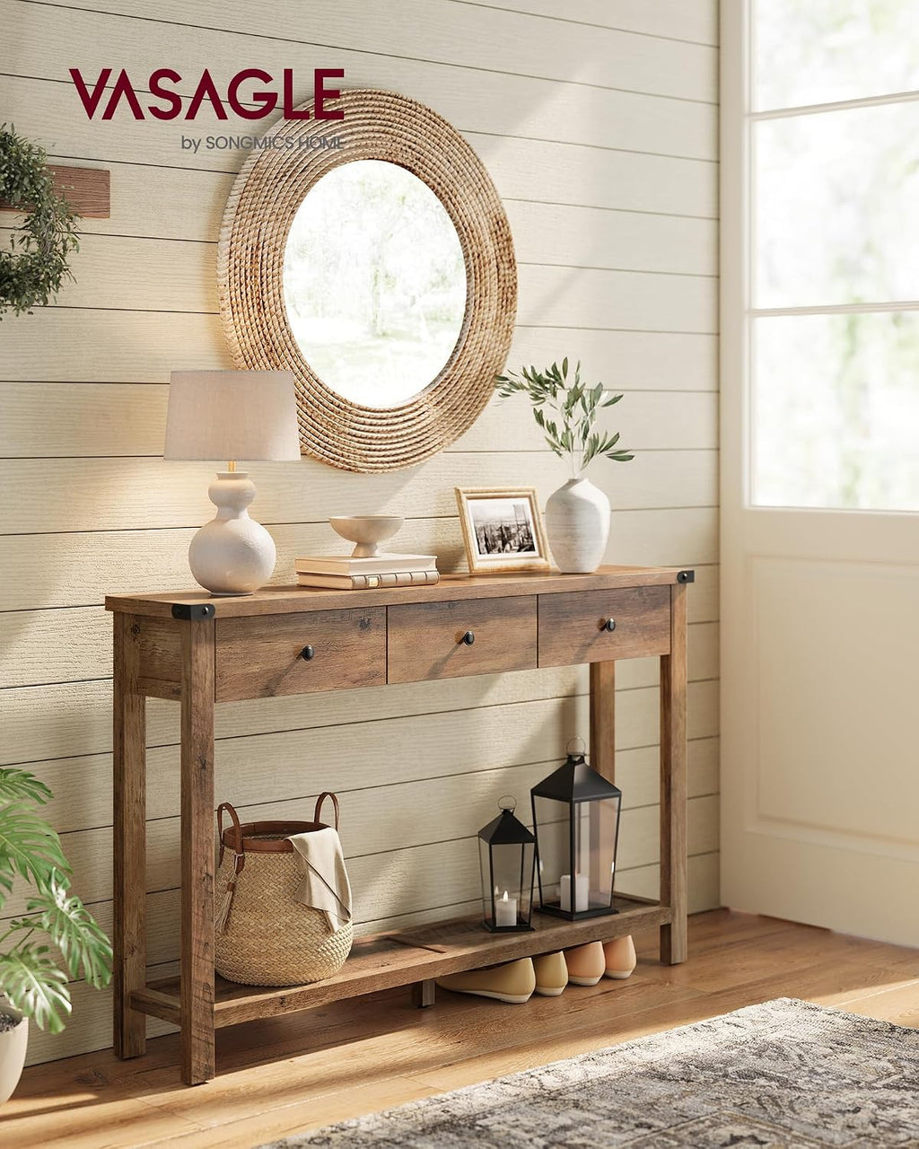 VASAGLE 47.2" Narrow Console Table with 3 Drawers and Open Storage Shelf