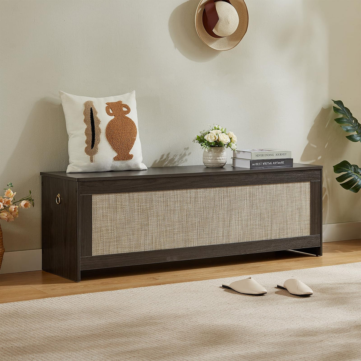 55.1" Storage Chest Extra Large,Rattan Storage Bench(White Cream)