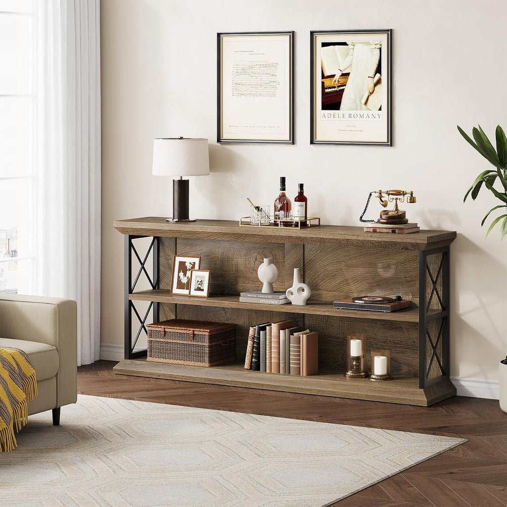 63" Entryway Console Table with 3-Tier Storage Shelf, Behind Couch