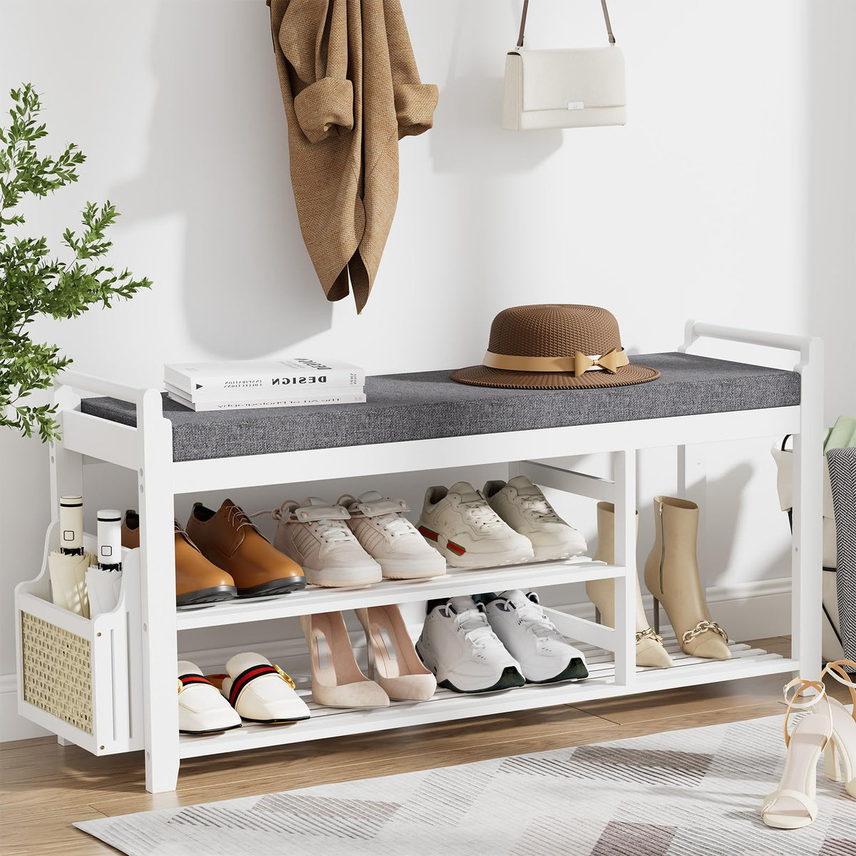 Homaxy 2-Tier Shoe Rack Bench, 28.2 in, Walnut and Light Brown