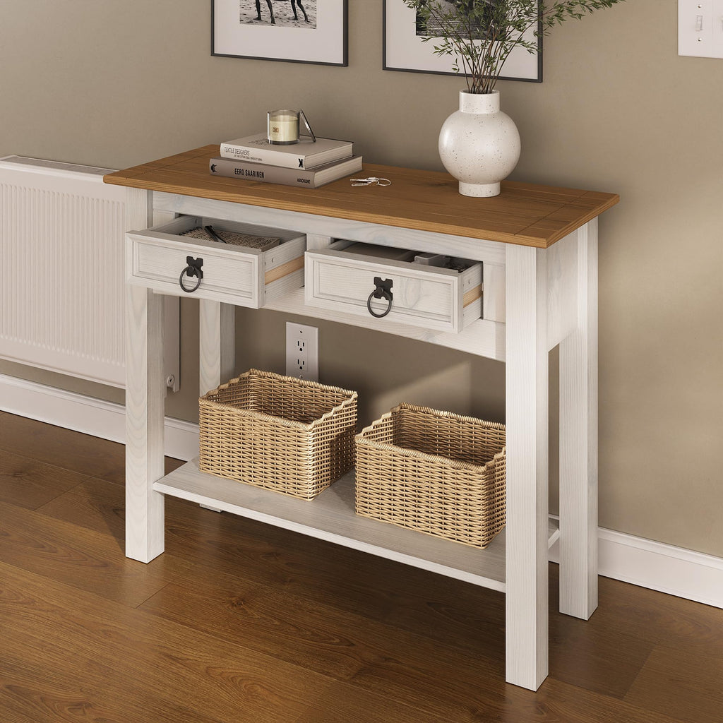 Furniture Dash Solid Wood Hall Table Console 34.49" W, 12.64" D, 28.82" H - Farmhouse Entryway Table with 2 Drawers, Office Hallway Foyer, Wooden Storage, Cupboard Console Table