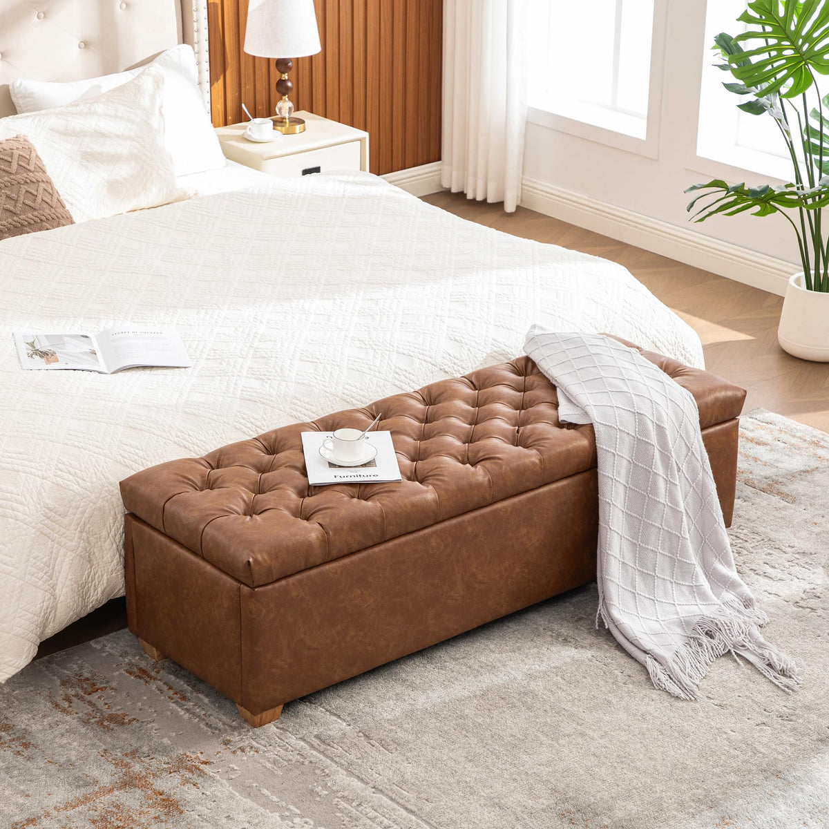 60.2" Storage Bench, End of Bed Storage Benches, Chenille Fabric Upholstered Ottoman Bench with Safety Hinge for Living Room Entryway Bedroom Hallway