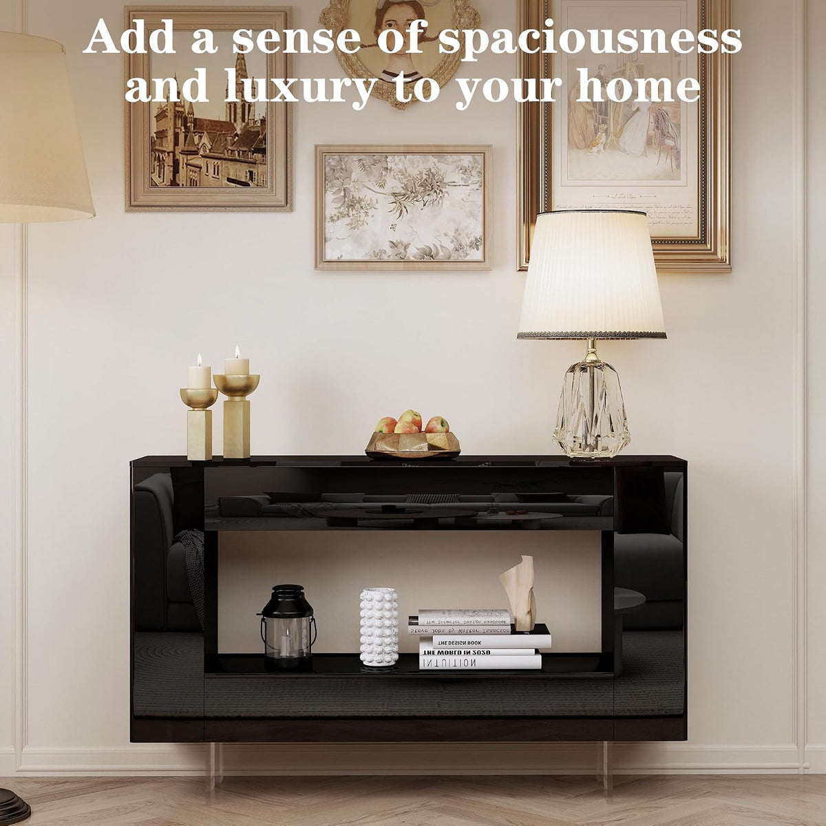 47" High Gloss Console Table with Hidden Side Storage, Black