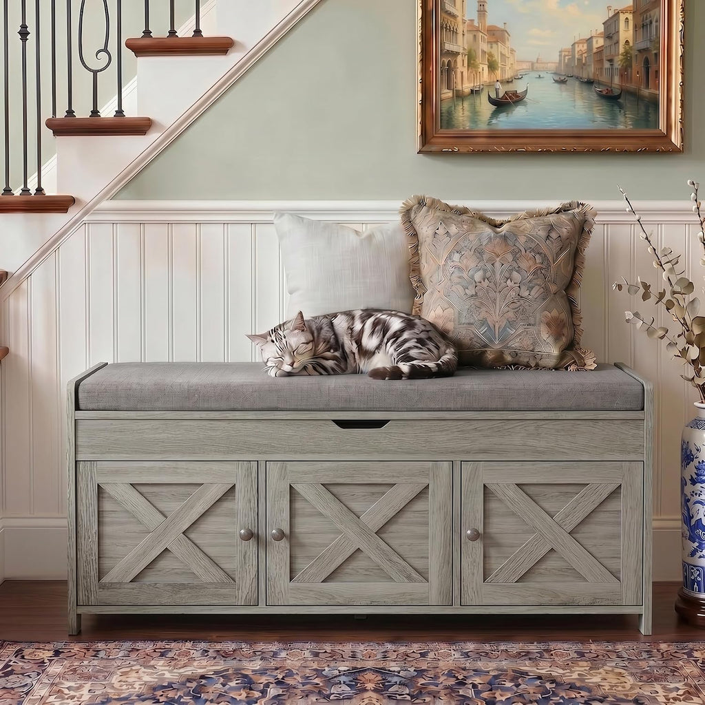 Marsail Shoe Storage Bench with Seating, Farmhouse Entryway Bench, Grey