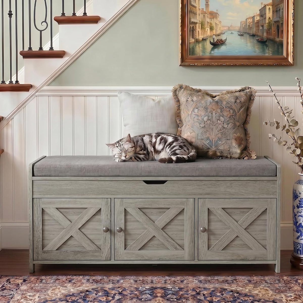 Marsail Shoe Storage Bench with Seating, Farmhouse Entryway Bench, Grey