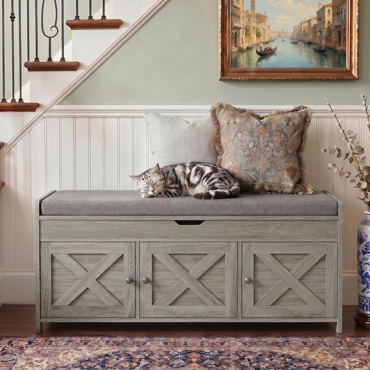 Marsail Shoe Storage Bench with Seating, Farmhouse Entryway Bench with Shoe Storage and Cushion, Under Window Benches Wooden Ottoman for Bedroom, Entry Way, Living Room, Cool Gray