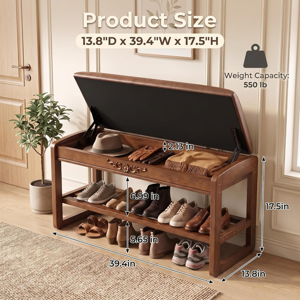 Shoe Rack Bench Solid Wood Entryway Shoe Storage Bench with Flip-Top 39.4''
