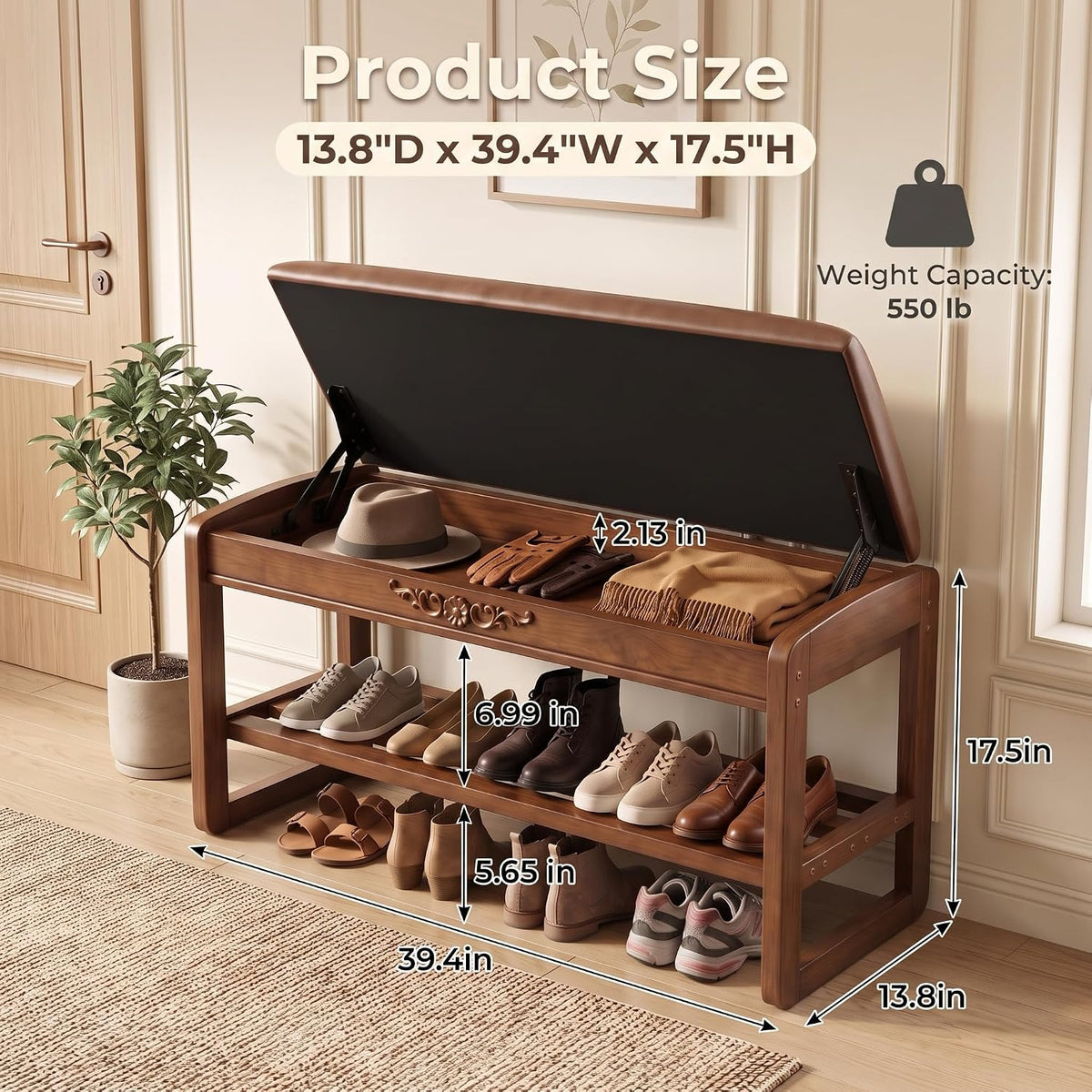 Shoe Rack Bench Solid Wood Entryway Shoe Storage Bench with Flip-Top 39.4''