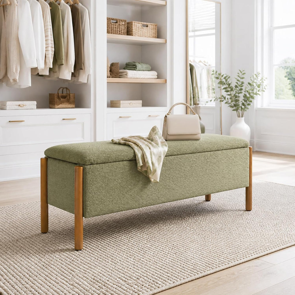 50" Shoe Bench with Storage, Chenille Shoe Rack Bench, Removable Shoe Storage Bench Entryway Storage with Cushion for Front Doors Entrances Hallway, Mudroom, Closet, Bedroom, Green, XR-Ben02