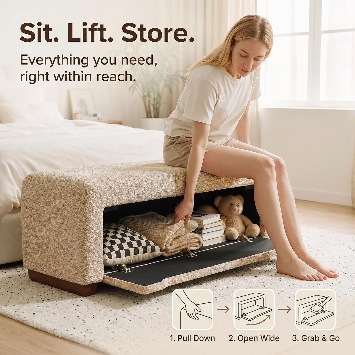 47.2" Upholstered Storage Bench for Bedroom, Boucle-Style End of Bed Bench with Hidden 25.7 Gallon Storage, Soft Textured Woven Ottoman Bench, Camel