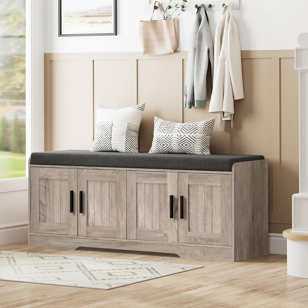 Homleke Shoe Storage Bench, 4 Doors & Thickened Padded Seat Cushion