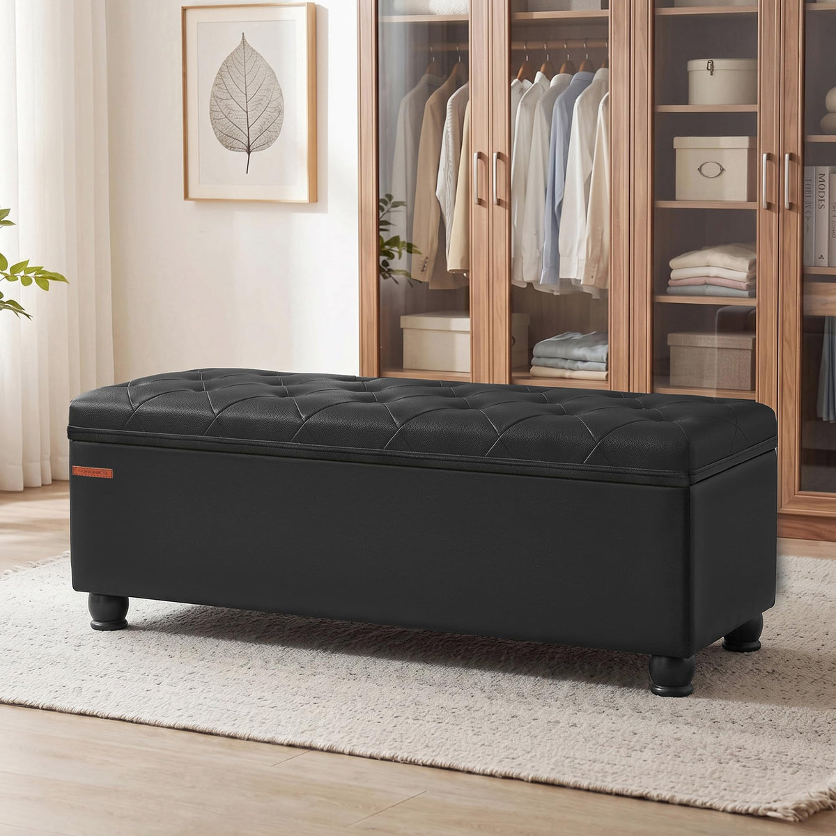 SONGMICS Storage Ottoman, 48 Inches Long Bed End Stool, Solid Wood Legs