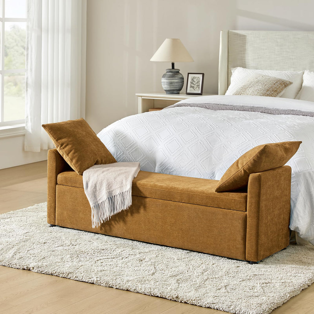 HULALA HOME 59" Storage Bench with 2 Throw Pillows & Armrests, Linen