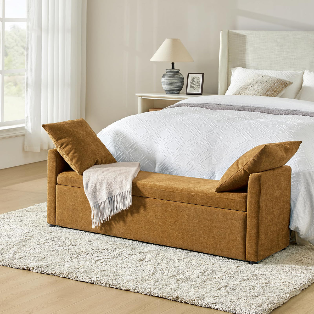 HULALA HOME 59" Storage Bench with 2 Throw Pillows & Armrests, Linen