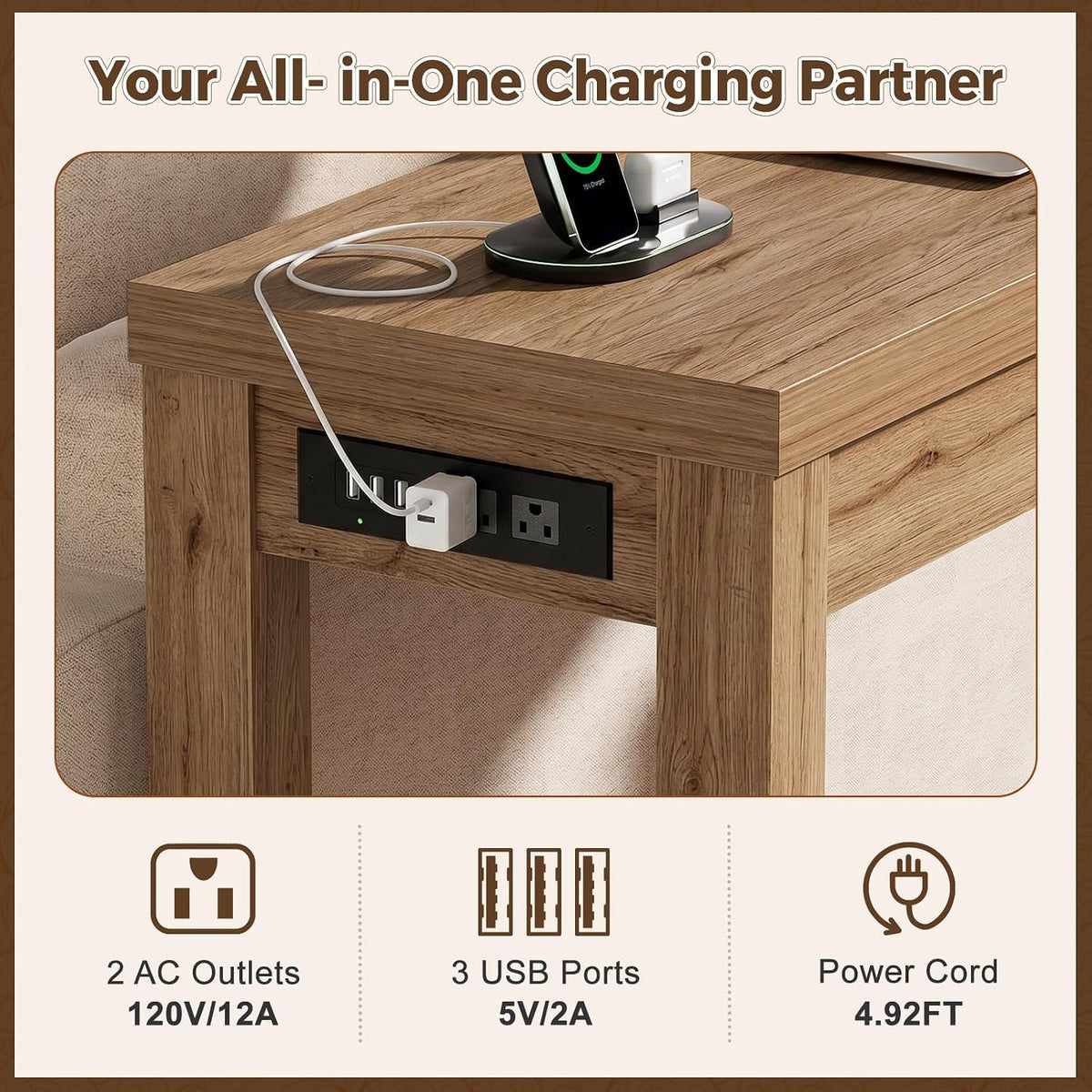 Cyclysio 63" Console Table with 2 AC Outlets & 3 USB Ports, Natural Oak