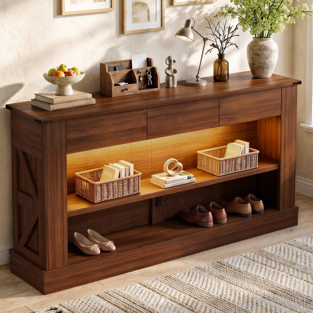 Miereirl 63" Console Table with Drawers & LED Light, Brown & Dark Grey