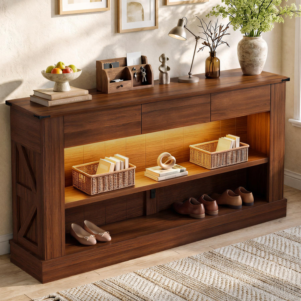 Miereirl 63" Console Table with Drawers & LED Light, Brown & Dark Grey