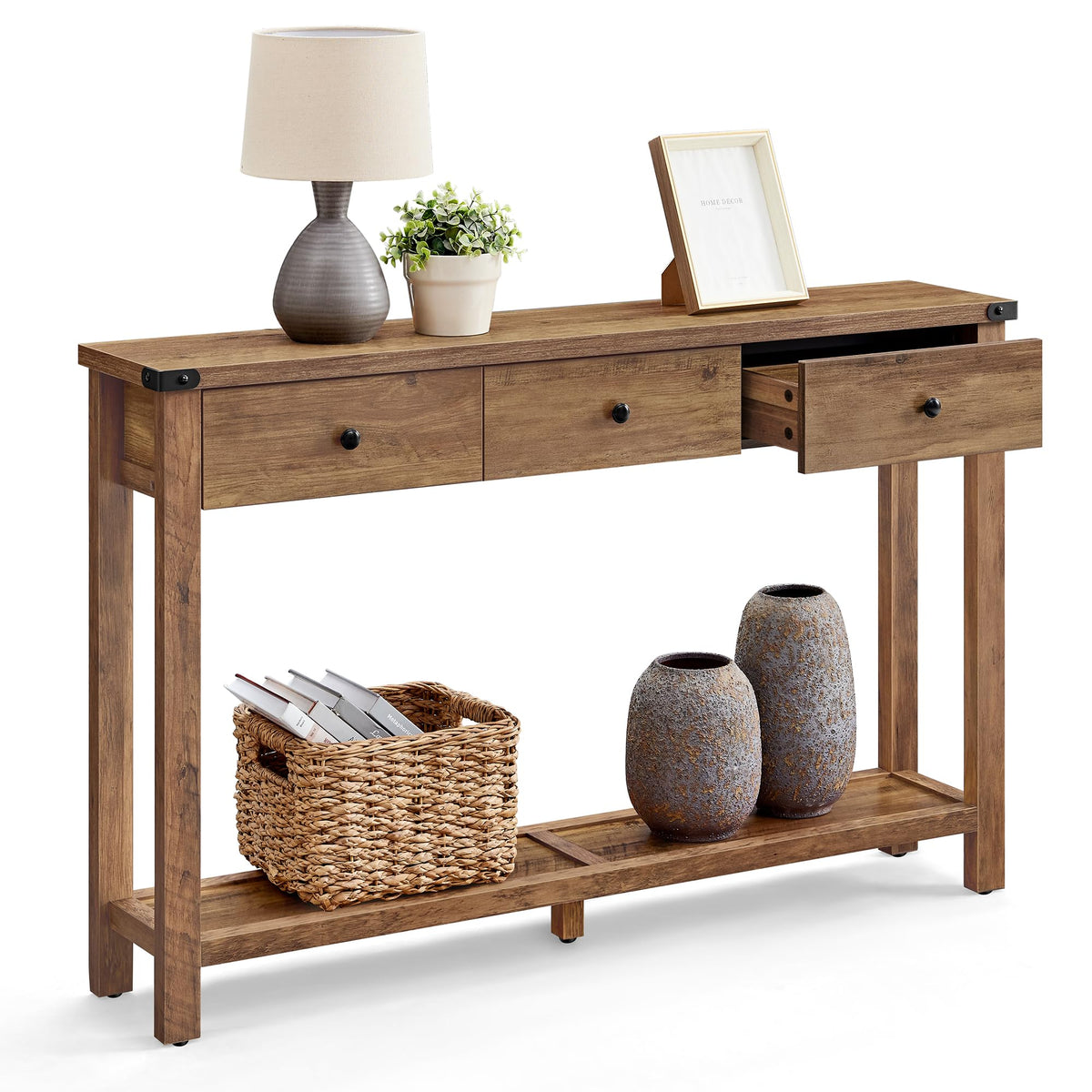 VASAGLE 47.2" Narrow Console Table with 3 Drawers and Open Storage Shelf