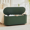 Fluted Storage Bench with 4 Wheels, 43.3” Oval Storage Chest with Safety Hinges, Modern Wooden End of Bed Bench, Large Storage Trunk Toy Chest with Lift Top for Entryway Bedroom Living Room, Natural