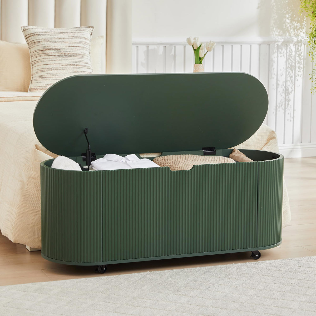 Fluted Storage Bench with 4 Wheels, 43.3” Oval Storage Chest with Safety Hinges, Modern Wooden End of Bed Bench, Large Storage Trunk Toy Chest with Lift Top for Entryway Bedroom Living Room, Natural