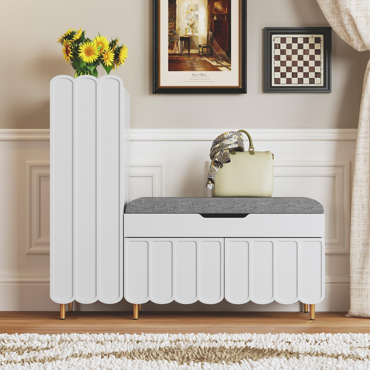 3More L-Shaped Entryway Shoe Bench with Cushioned Seat, Brown