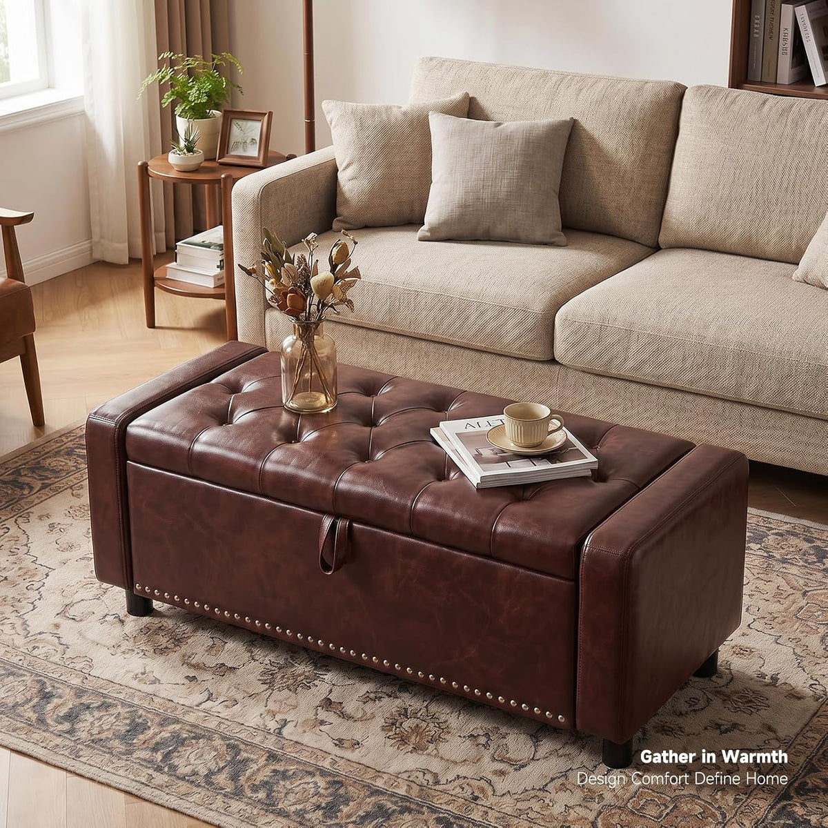 46" Storage Ottoman Bench, 30 Gallon Faux Leather Storage Bench with Handles & Soft-Close Hinged Lid for Blanket and Pillow, Load 350 lbs, End of Bed Bench for Bedroom, Entryway & Living Room, Brown
