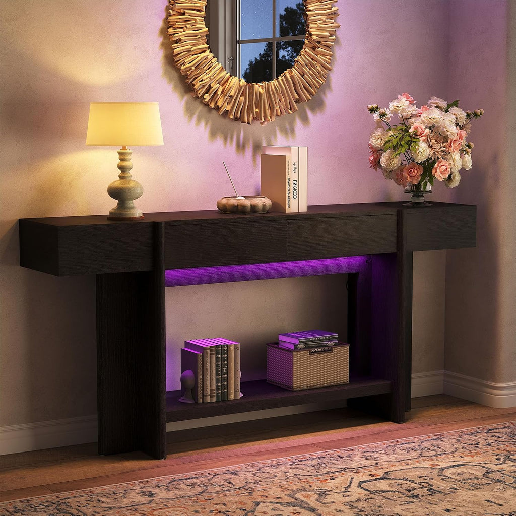 Einhomn 70.8" Long Console Table, 2 Drawer Entryway Table with Colorful LED Lights, Farmhouse Entry Way Table with Open Storage, Narrow Long Sofa Table for Entrance, Living Room, Hallway, Black