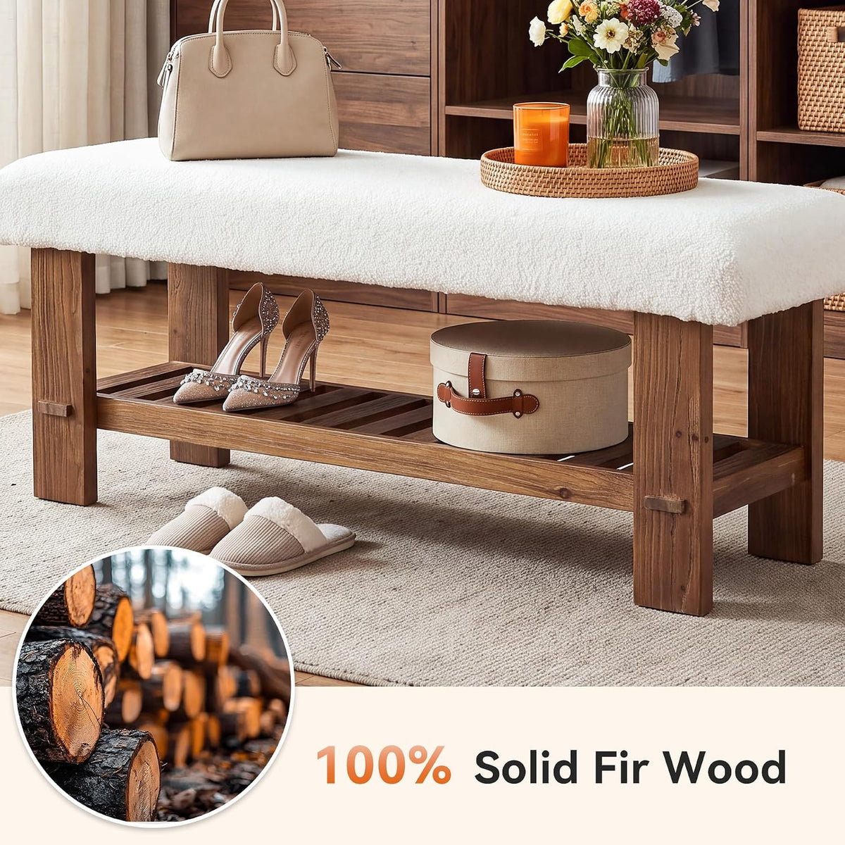 42.5" Solid Wood Storage Bench, 2-Tier Entryway Bench