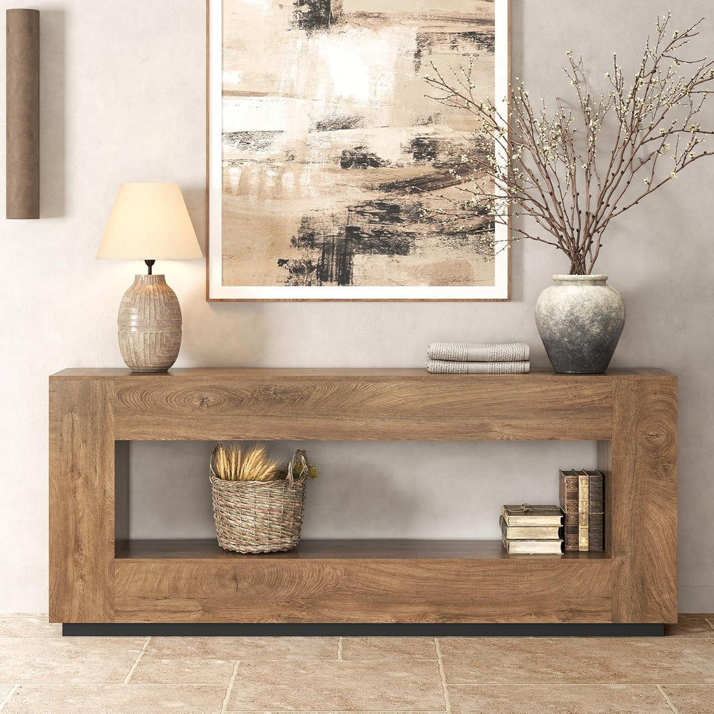 Epecoya 78 Inch 2-Tier Extra Long Console Table, Oak Brown Wood Sofa Table