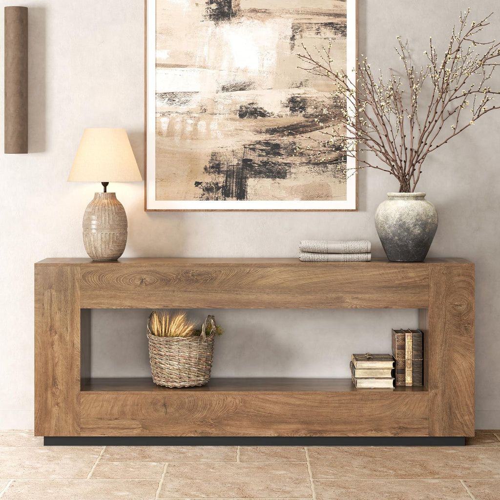 Epecoya 78 Inch 2-Tier Extra Long Console Table, Oak Brown Wood Sofa Table