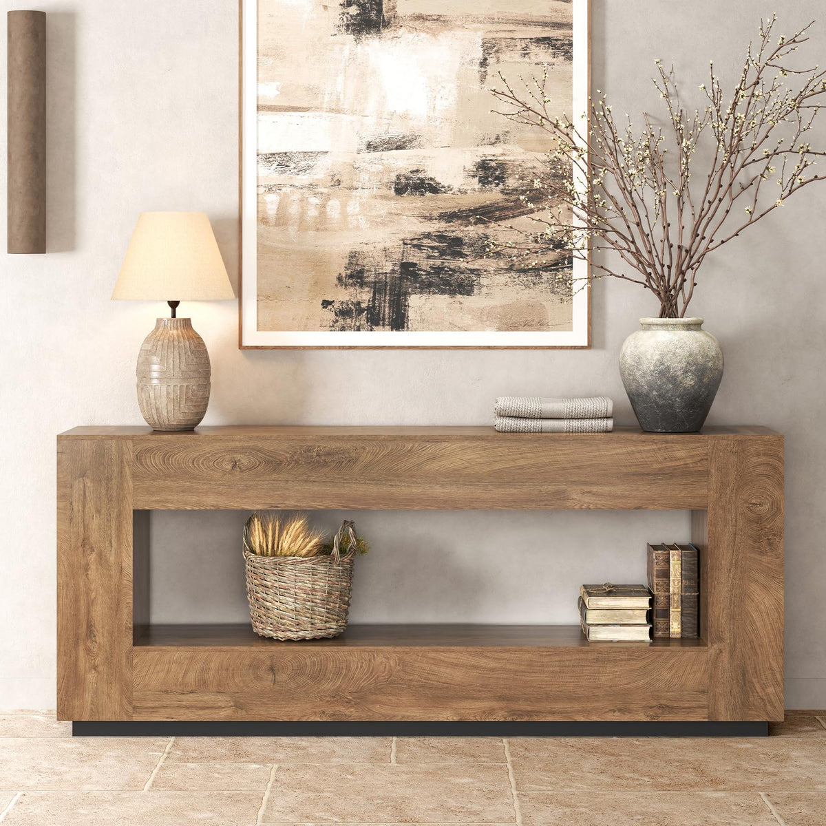 Epecoya 78 Inch 2-Tier Extra Long Console Table, Oak Brown Wood Sofa Table
