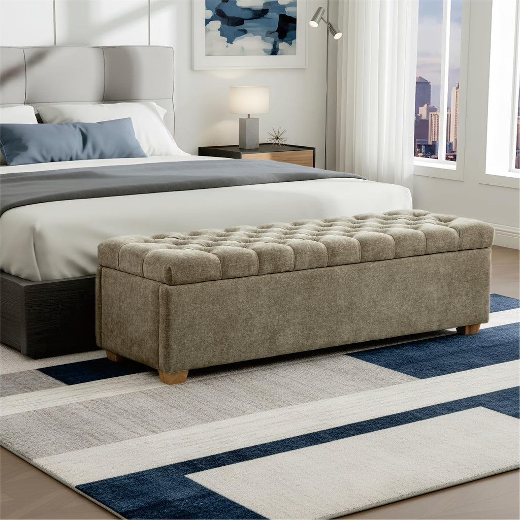 Chifee & Vingol 60" Ottoman with Storage Oversized End of Bed Storage Bench Upholstered Benches for Entryway, Living Room, Bedroom-Beige