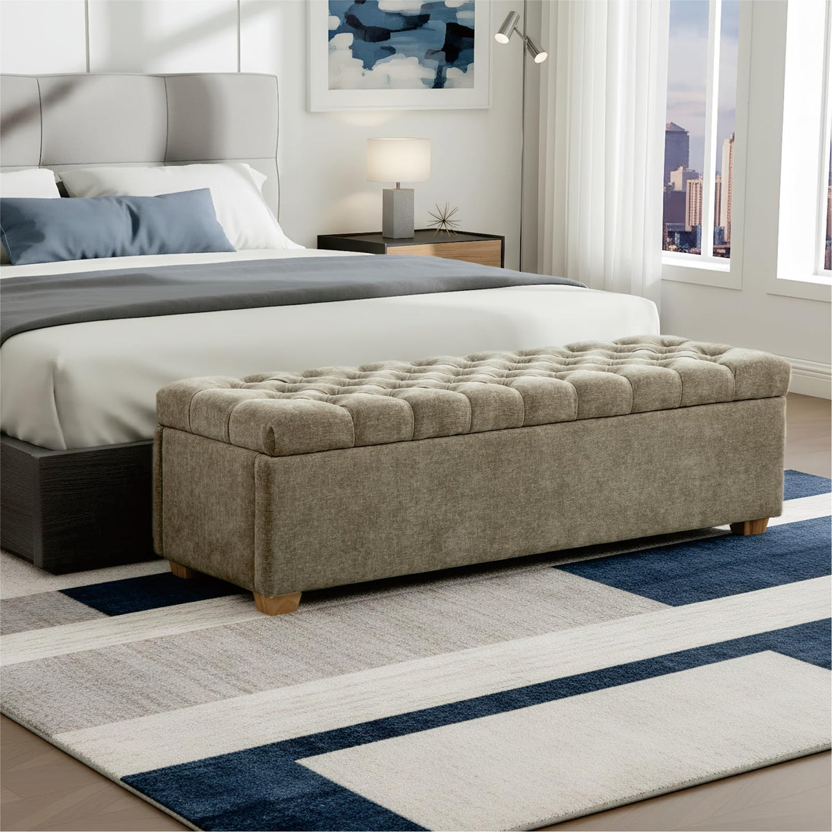 Chifee & Vingol 60" Ottoman with Storage Oversized End of Bed Storage Bench Upholstered Benches for Entryway, Living Room, Bedroom-Beige