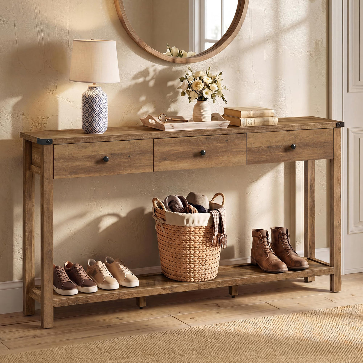 VASAGLE 47.2" Narrow Console Table with 3 Drawers and Open Storage Shelf