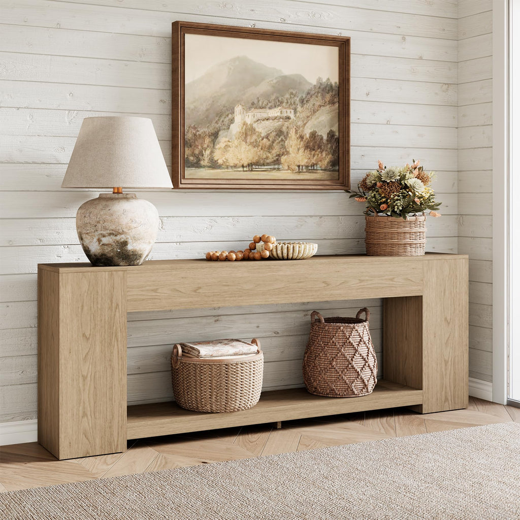 Epecoya 86-Inch Extra Long Console Tables for Entryway, Natural Oak Brown