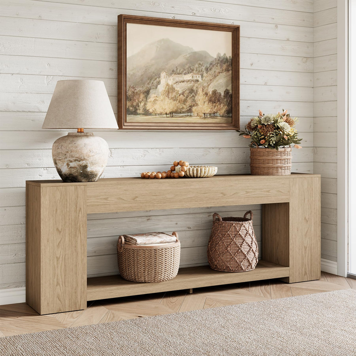Epecoya 86-Inch Extra Long Console Tables for Entryway, Natural Oak Brown