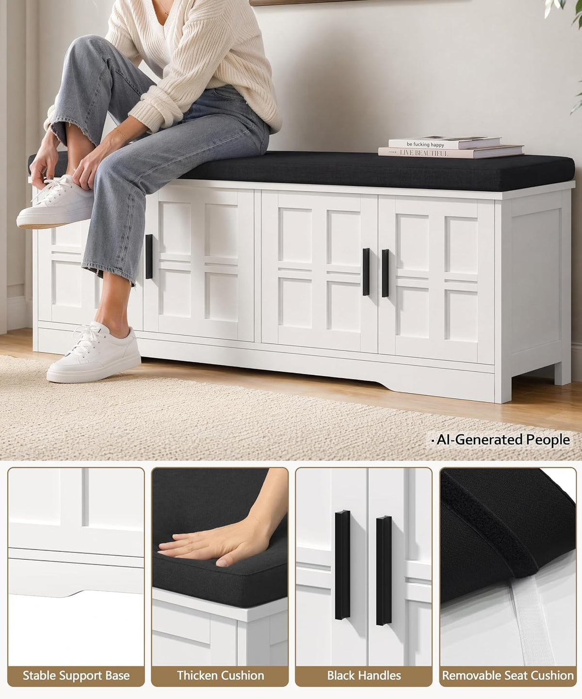 Akxomel 47.2" Shoe Storage Bench 4 Doors Wooden Entryway Bench White