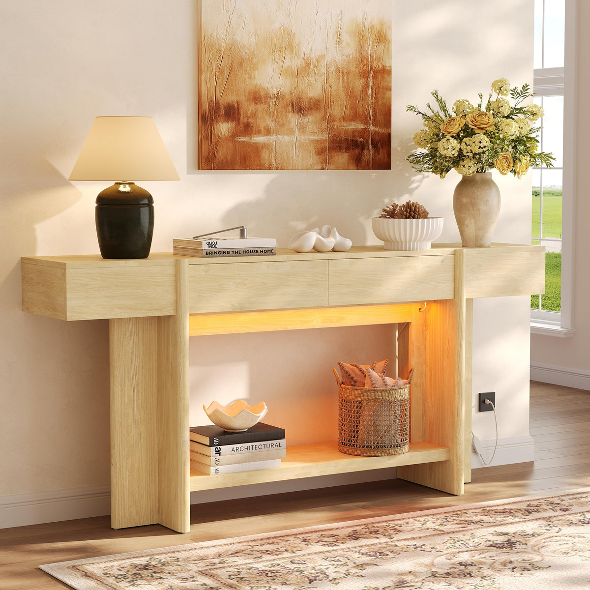 Einhomn 70.8" Long Console Table, 2 Drawer Entryway Table with Colorful LED Lights, Farmhouse Entry Way Table with Open Storage, Narrow Long Sofa Table for Entrance, Living Room, Hallway, Black