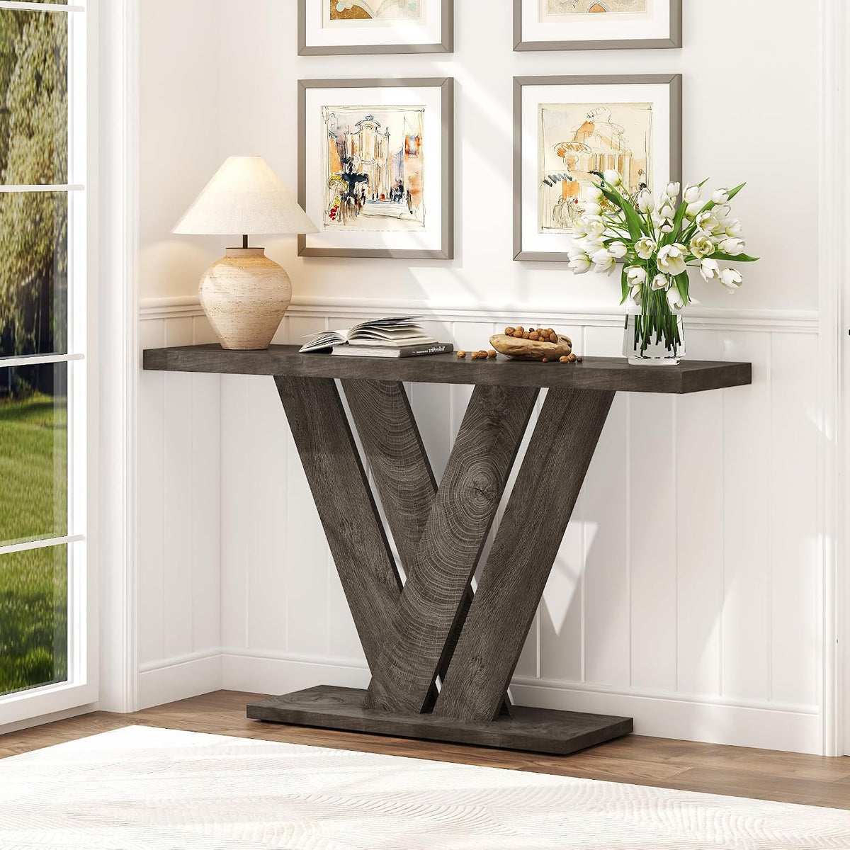 51" Console Table, V-Shaped Entryway Table, Wood Sofa Table Behind Couch
