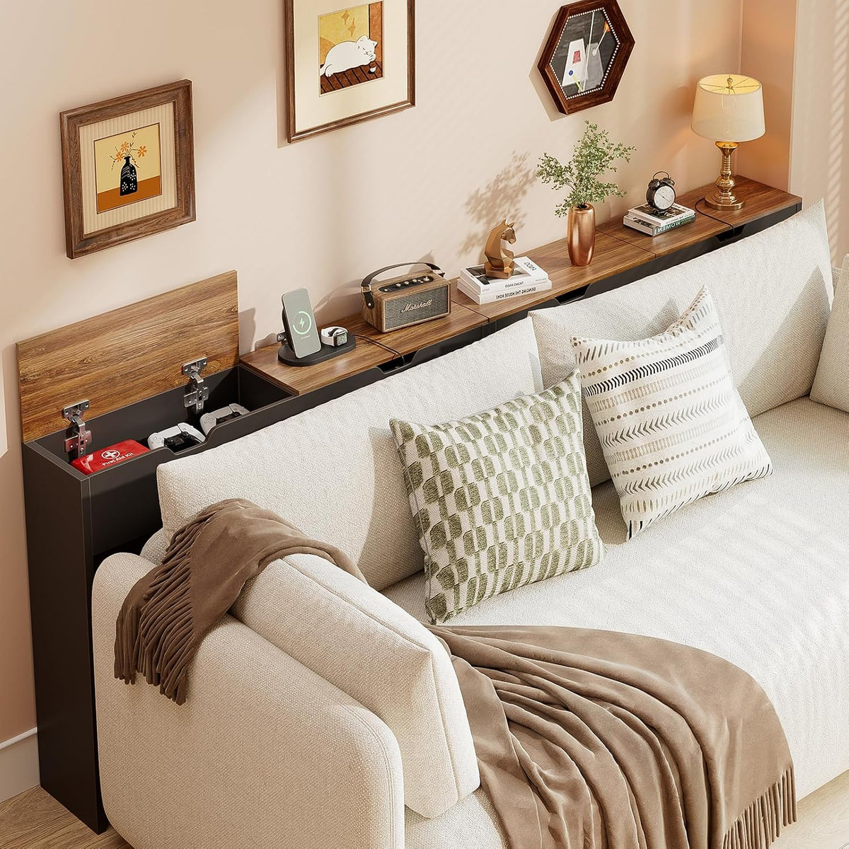 BROTTAR 78.7" Flip Top Behind Couch Table with Outlets and Storage, Brown
