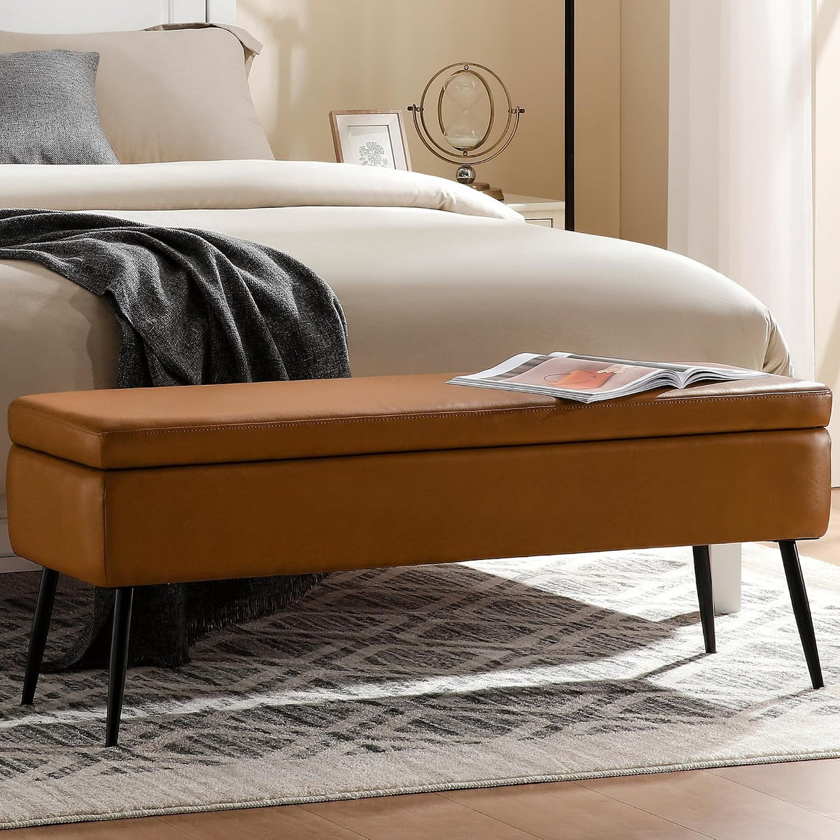 kinmars Leather Storage Ottoman Bench, End of Bed Bench with Steel Legs