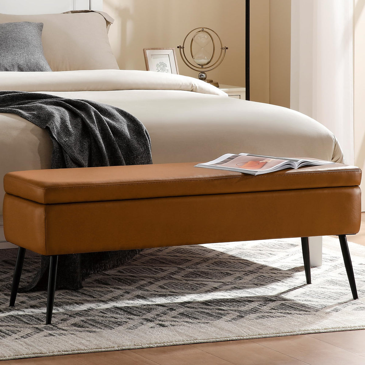 kinmars Leather Storage Ottoman Bench, End of Bed Bench with Steel Legs