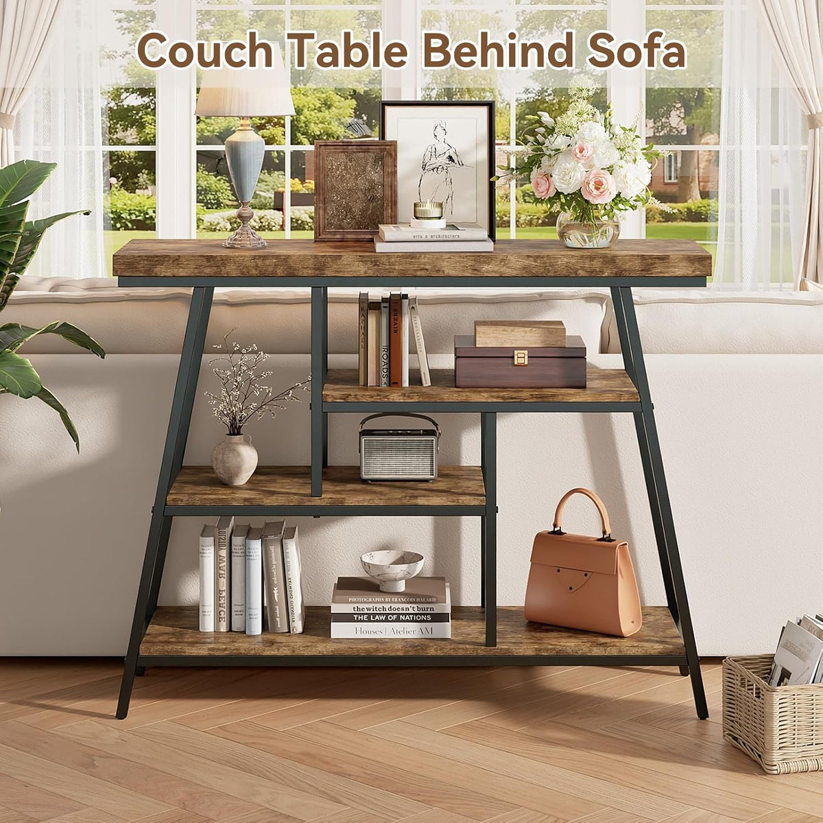 43.3" Console Table, Industrial 4-Tier Sofa Table Entryway Table with Arched Metal Frame, Storage Shelves, Narrow Wood Accent Tables with Small Spaces,Living Room,Hallway,Foyer, Rustic Brown