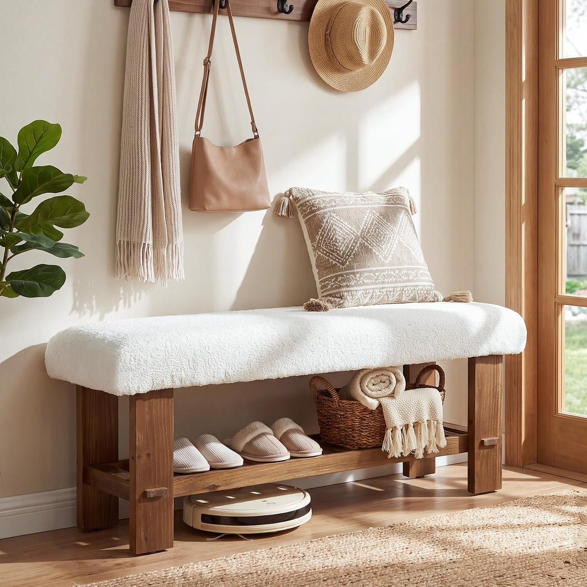 42.5" Solid Wood Storage Bench, 2-Tier Entryway Bench