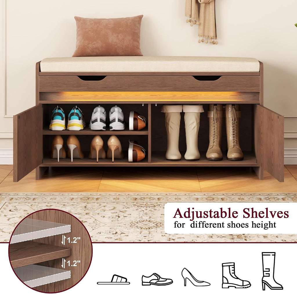 HOMEFORT Shoe Storage Bench, Modern Entryway Bench with Fluted Doors & Built-in LED Sensor Light, Wooden Shoe Bench with Cushion for Hallway and Bedroom, Walnut