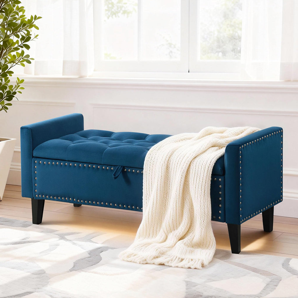 47in Velvet Storage Ottoman Bench with Arms, Upholstered Storage Bench with Wooden Legs, Storage Bench for Bedroom, Living Room, Entryway, Blue Grey