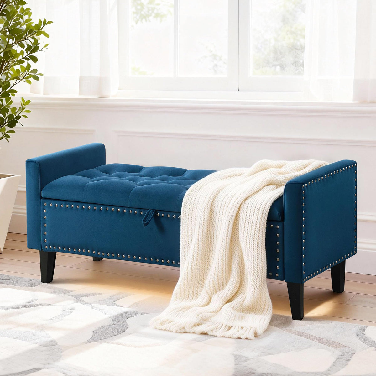 47in Velvet Storage Ottoman Bench with Arms, Upholstered Storage Bench with Wooden Legs, Storage Bench for Bedroom, Living Room, Entryway, Blue Grey