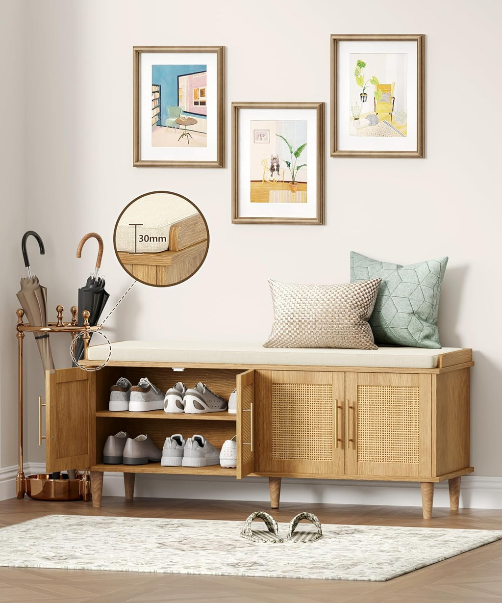 Akxomel 47.2" Rattan Shoe Storage Bench 4 Doors Wooden Entryway Bench Oak