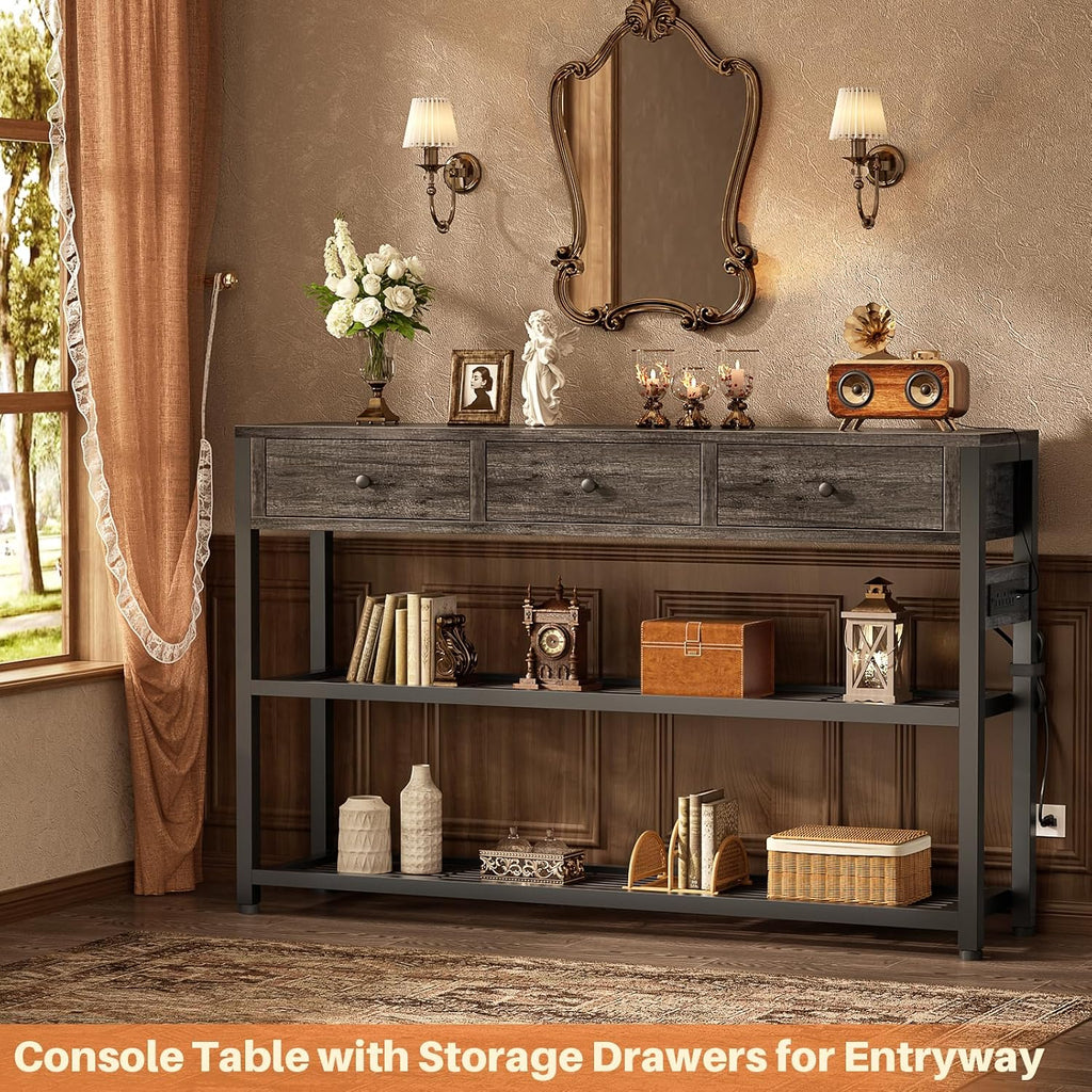 Ecoprsio Entryway Table with Power Outlets, 47" Console Table with Drawers